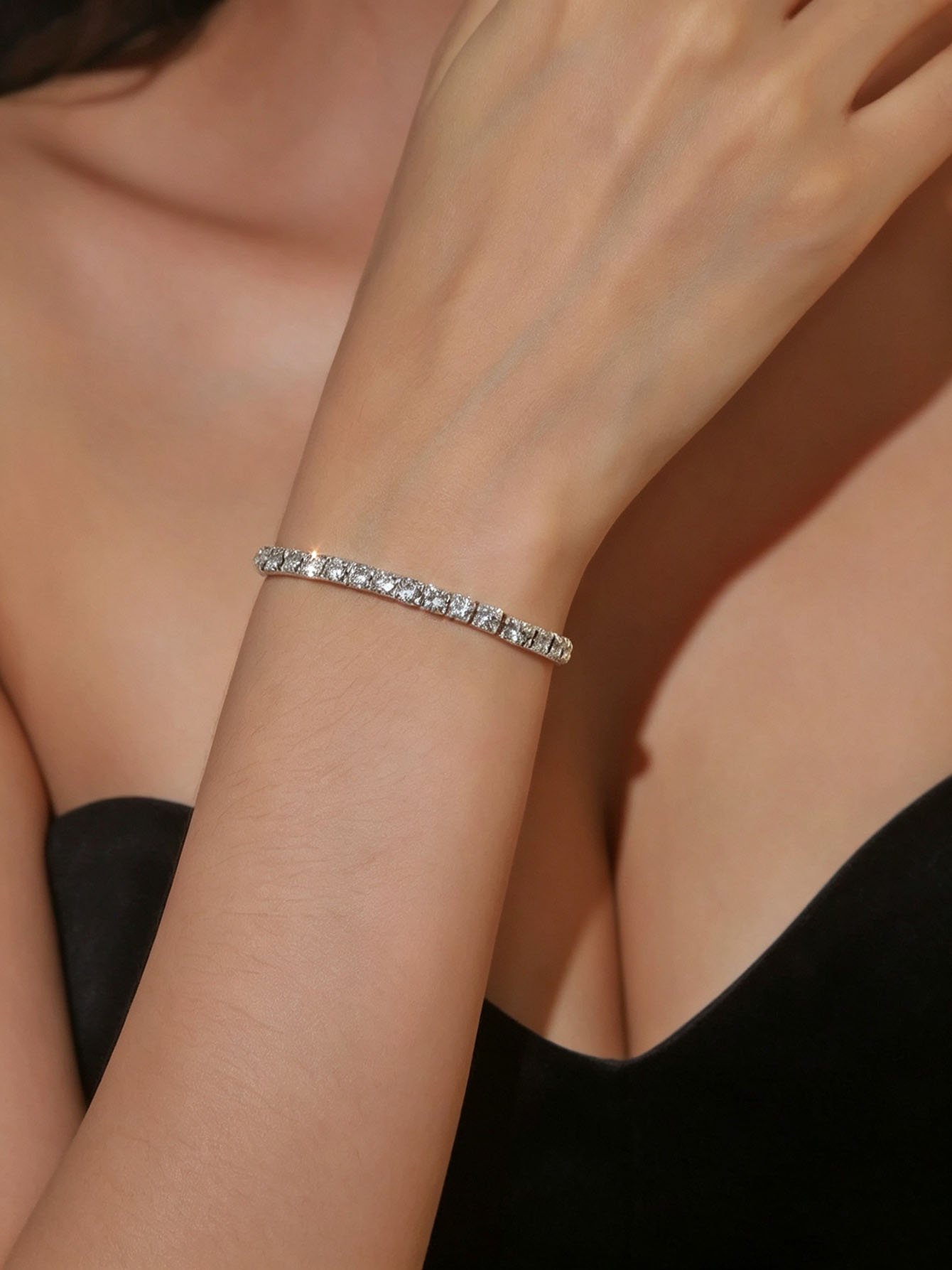 Silver Diamond Tennis Bracelet for Women - Casual Charm Style.
