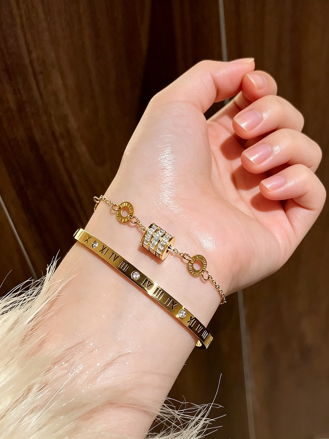 Luxurious Gold Roman Numeral Bangle and Chain Bracelet Set - 2 Pcs.