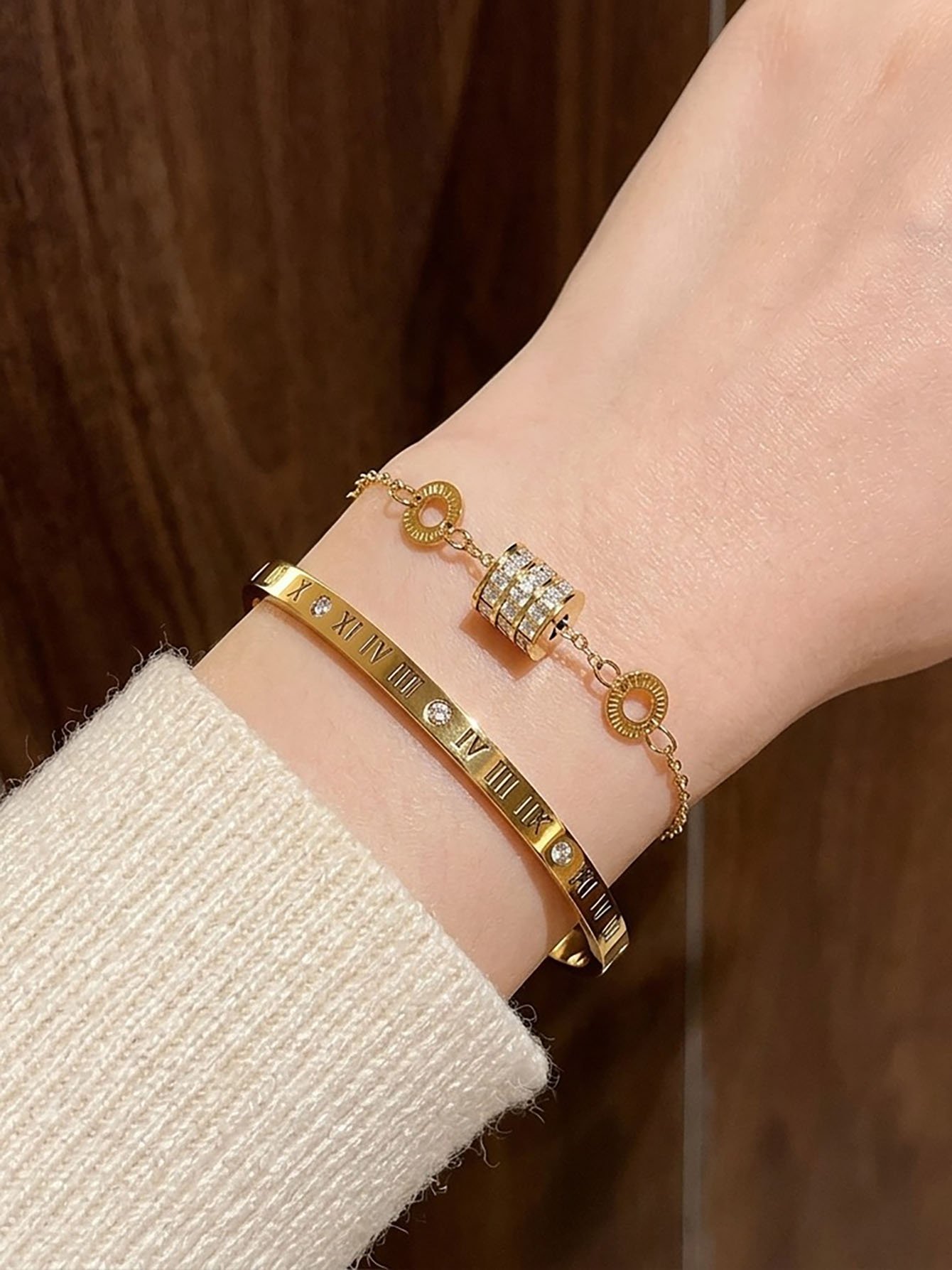 Luxurious Gold Roman Numeral Bangle and Chain Bracelet Set - 2 Pcs.