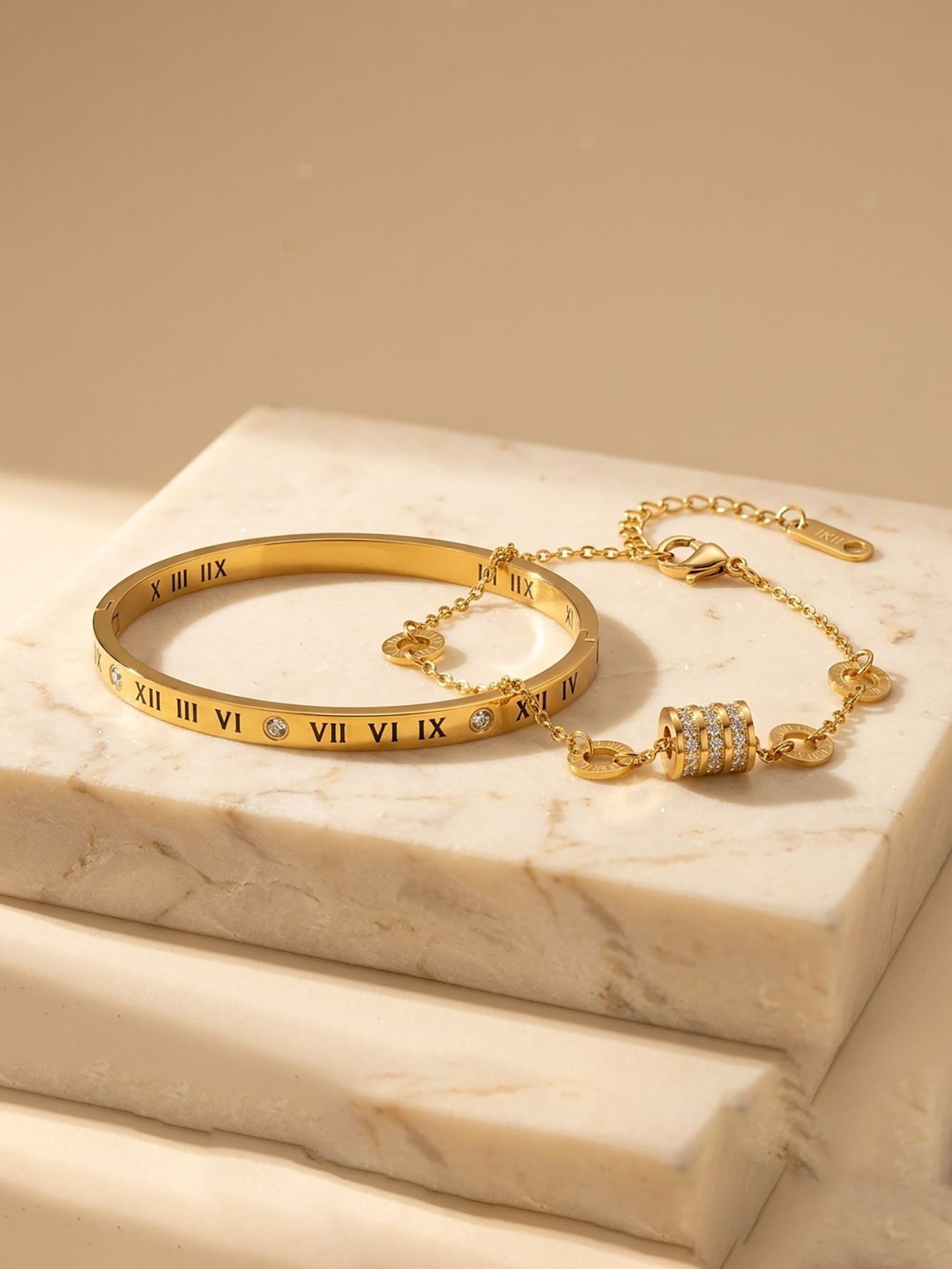 Luxurious Gold Roman Numeral Bangle and Chain Bracelet Set - 2 Pcs.