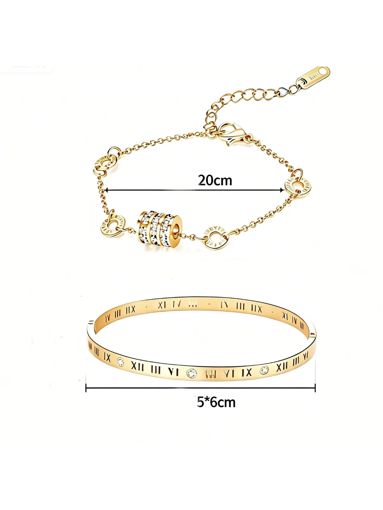 Luxurious Gold Roman Numeral Bangle and Chain Bracelet Set - 2 Pcs.