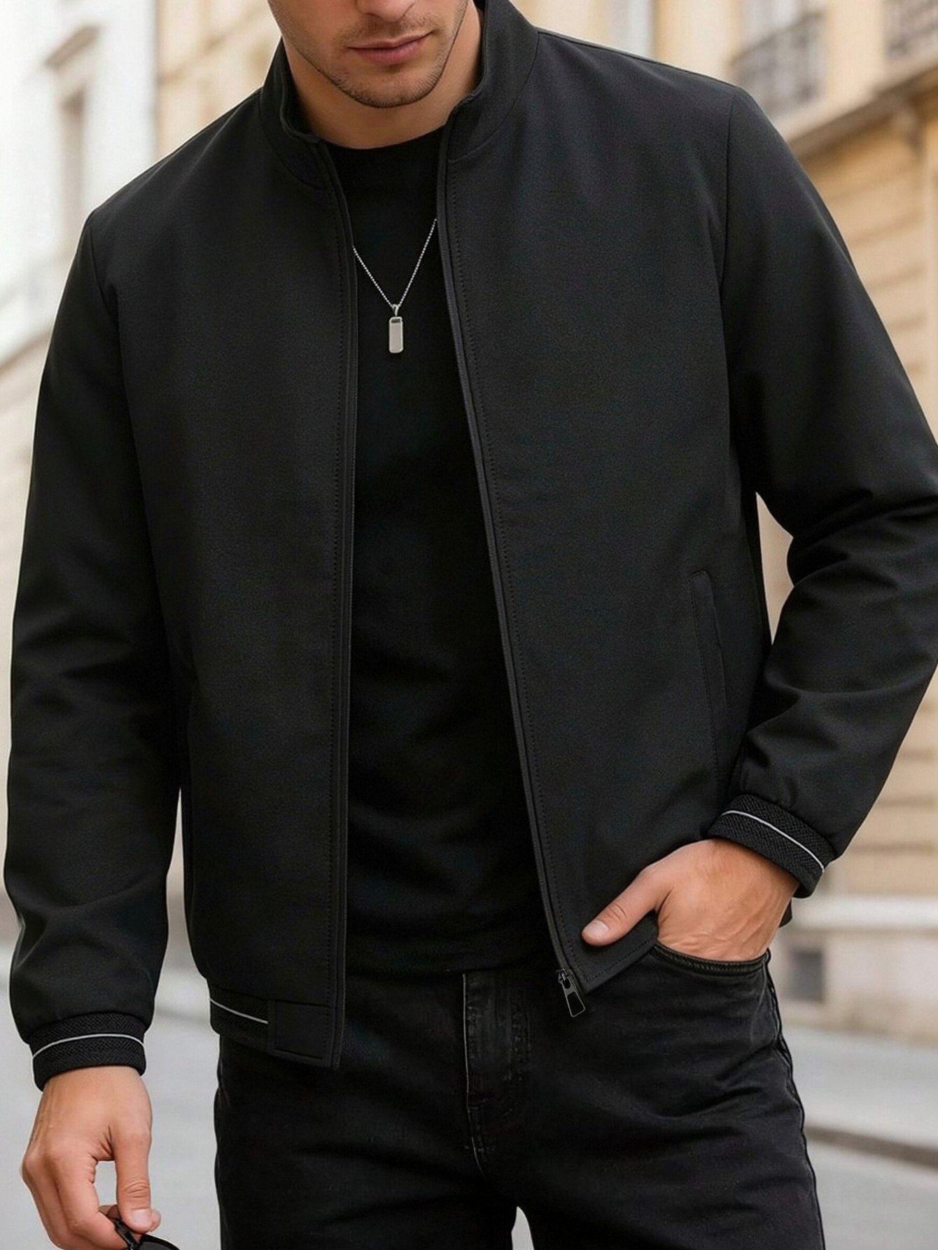 Men Black Plain Zip-Up Bomber Jacket