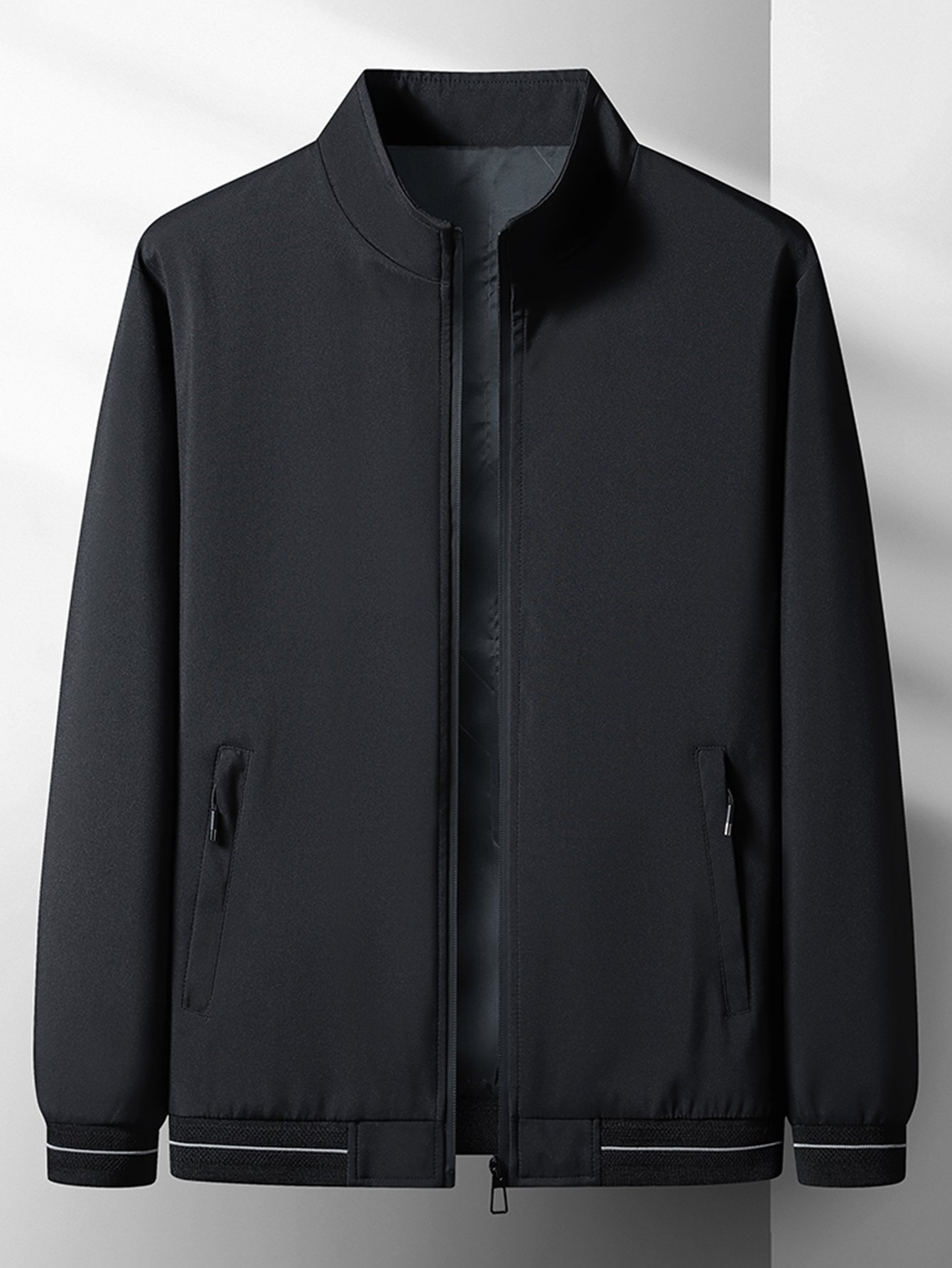 Men Black Plain Zip-Up Bomber Jacket