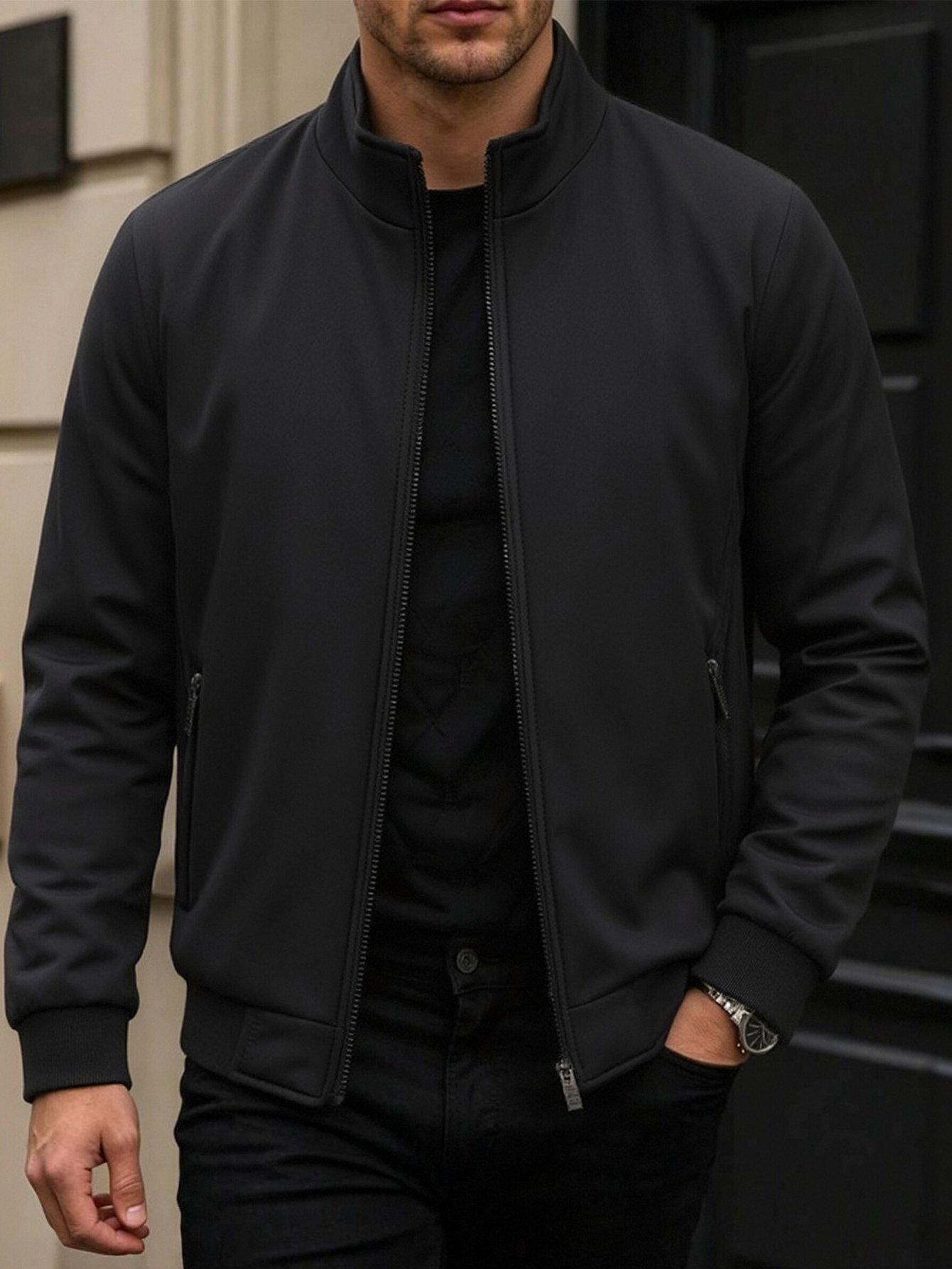 Men Black Zip-Up Plain Bomber Jacket