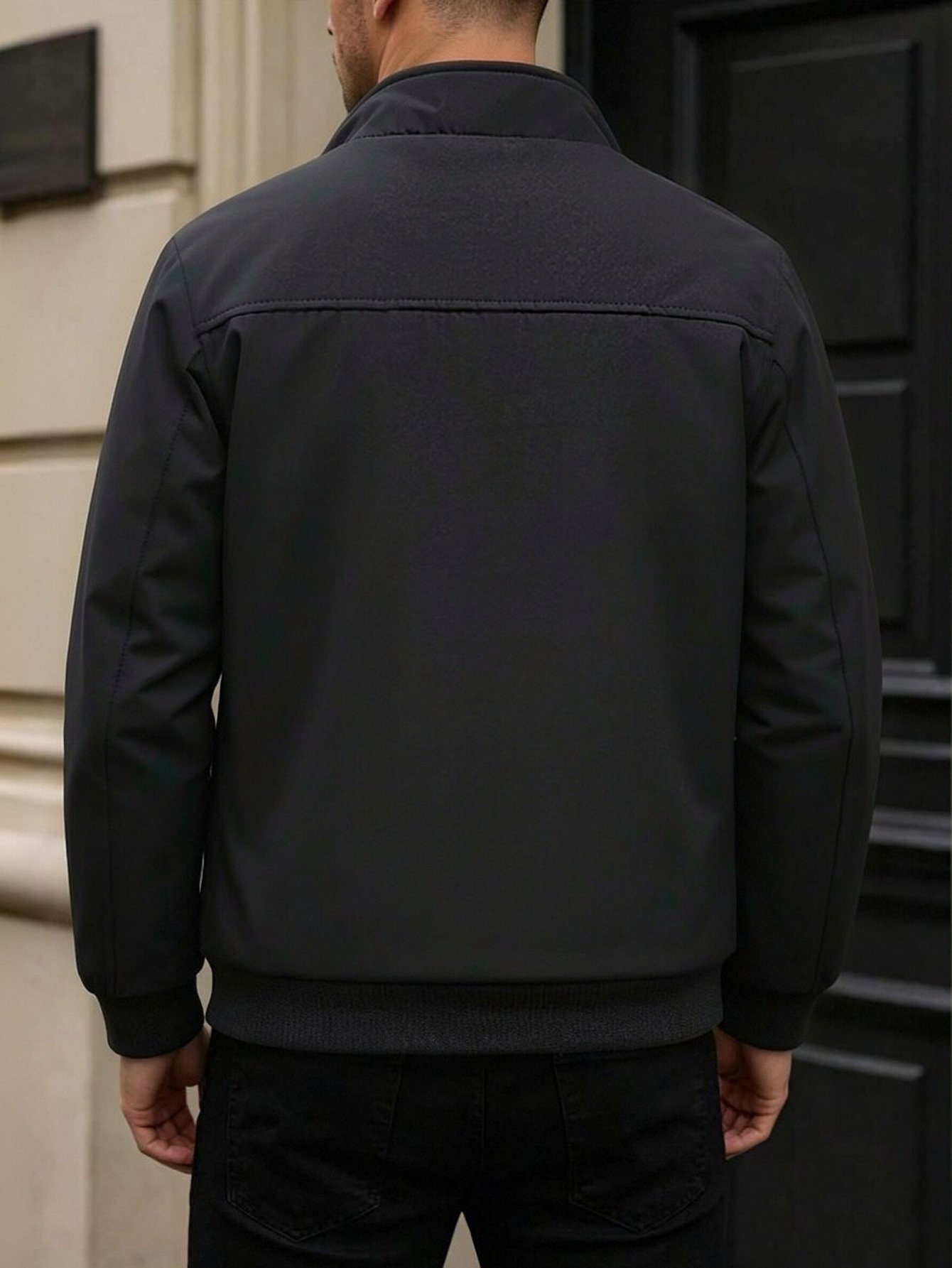 Men Black Zip-Up Plain Bomber Jacket