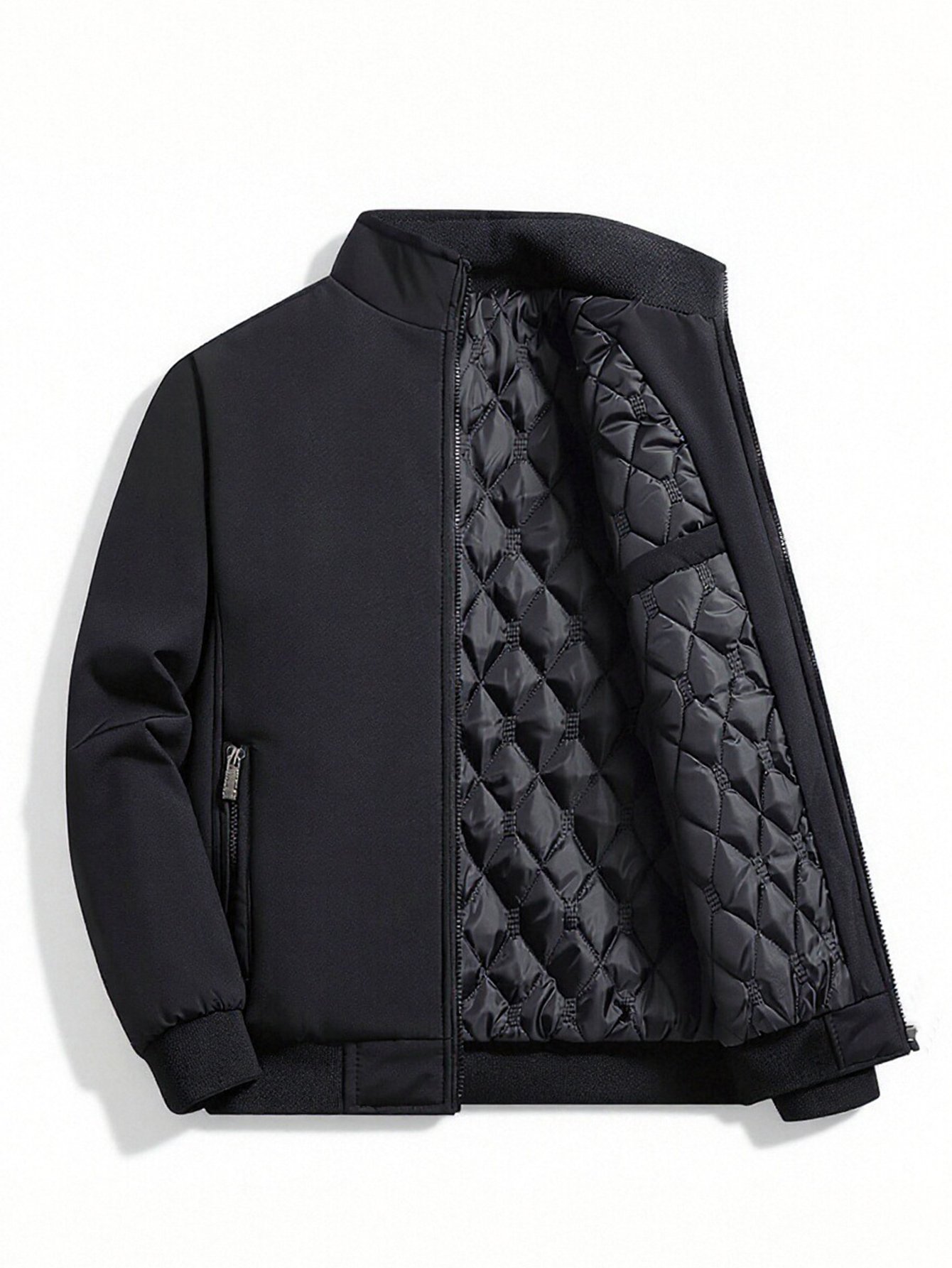 Men Black Zip-Up Plain Bomber Jacket