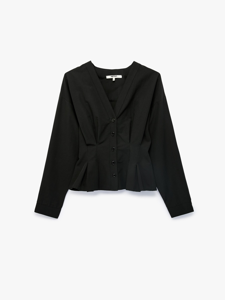 Solid Pleated V Neck Shirt