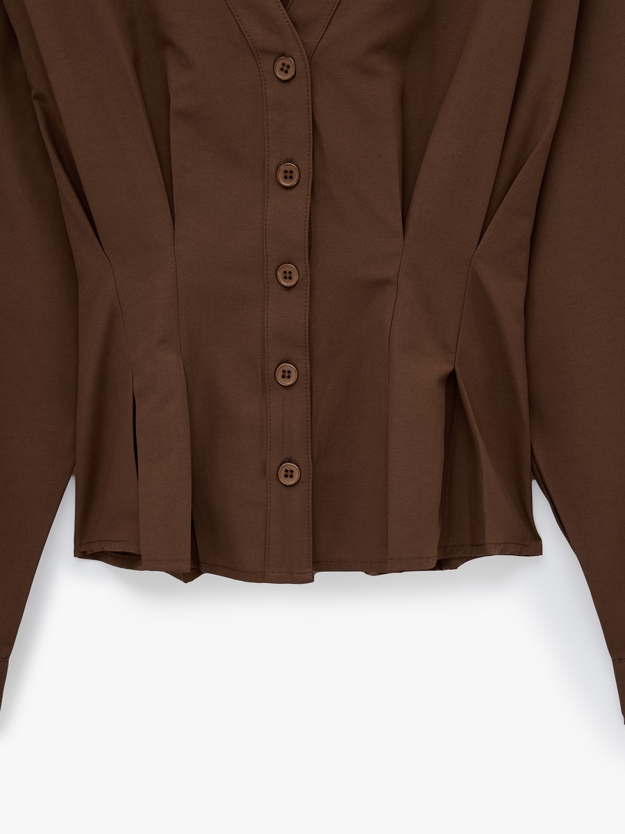 Solid Pleated V Neck Shirt
