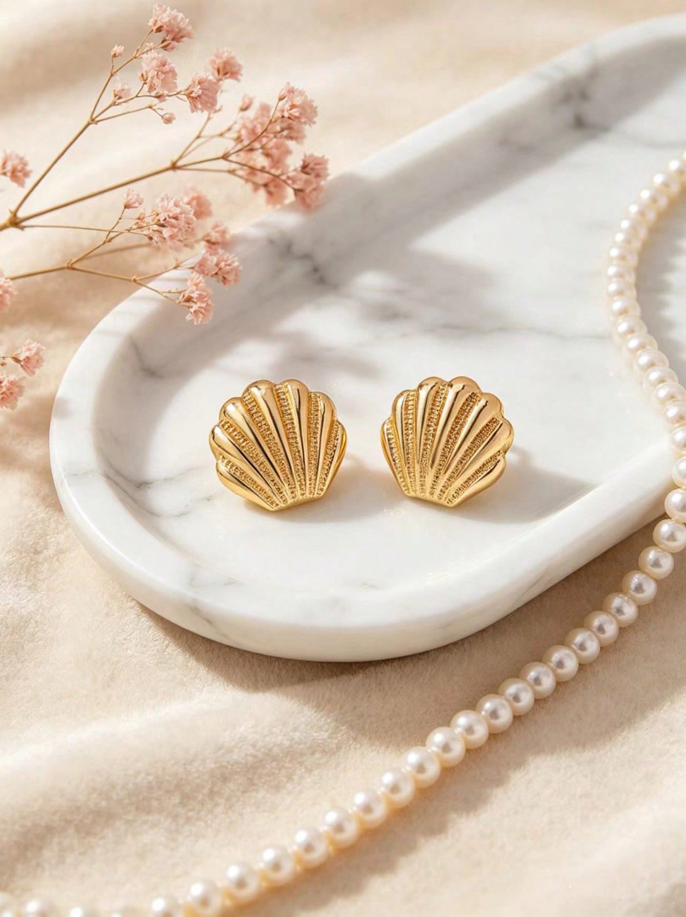Gold Tone Shell Stud Earrings