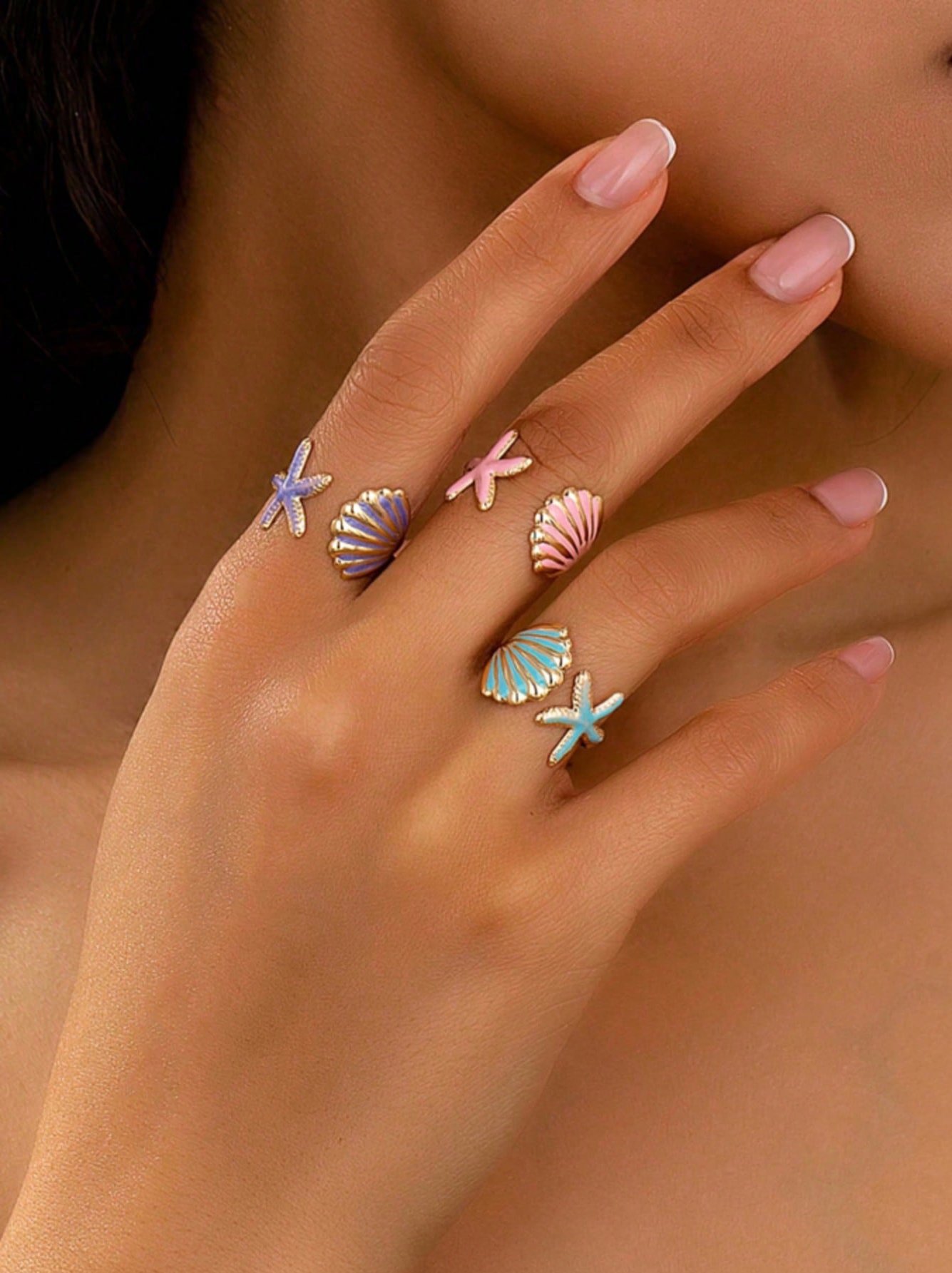 Pack of 3 - Gold Tone Enamel Seashell and Starfish Rings