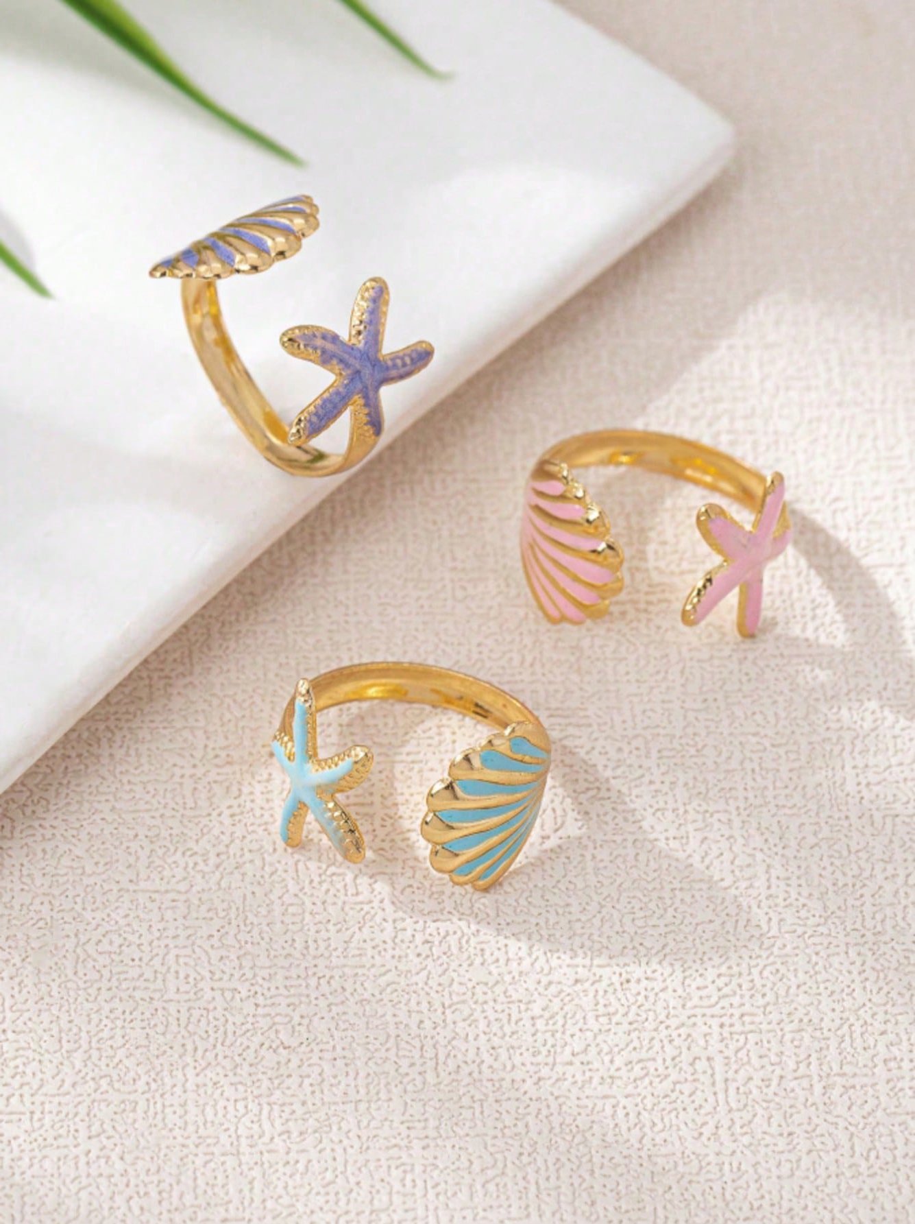 Pack of 3 - Gold Tone Enamel Seashell and Starfish Rings