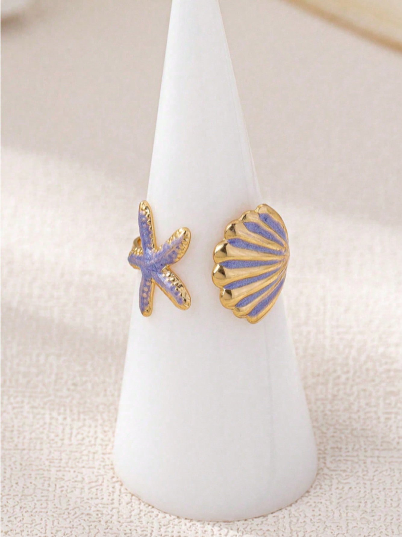 Pack of 3 - Gold Tone Enamel Seashell and Starfish Rings