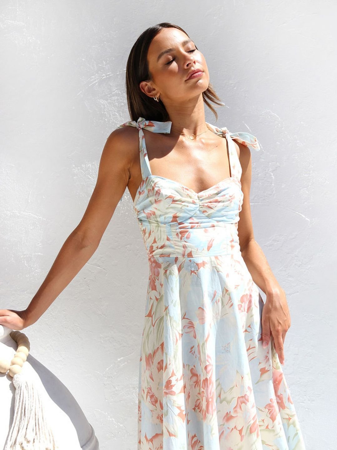 White Floral Print Midi Dress with Tie-Up Straps