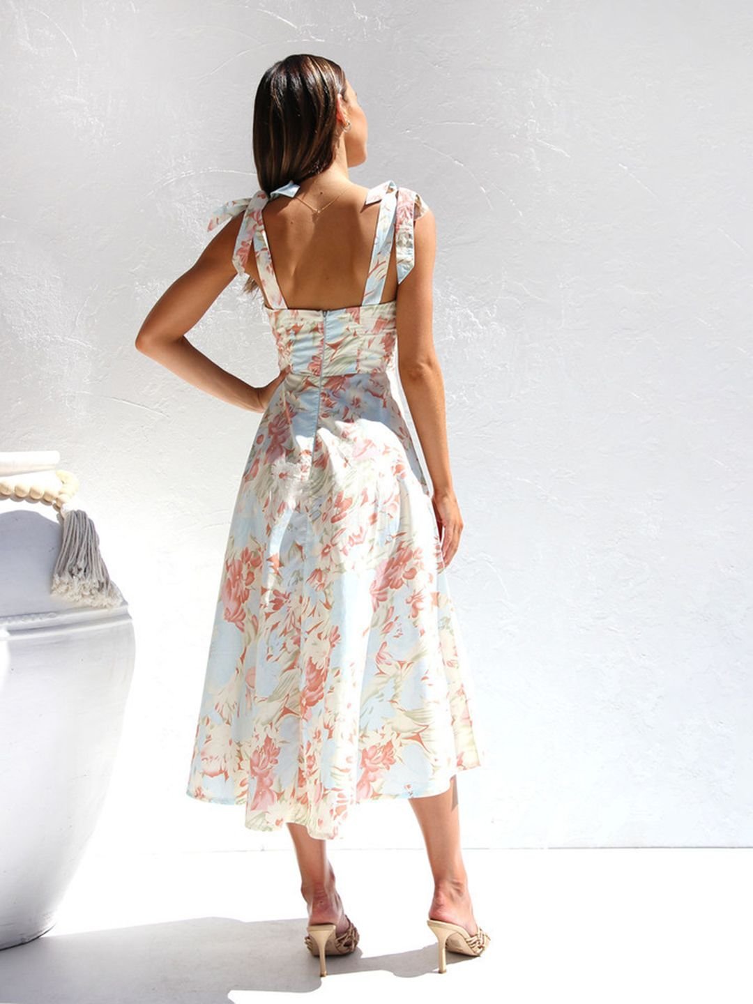 White Floral Print Midi Dress with Tie-Up Straps