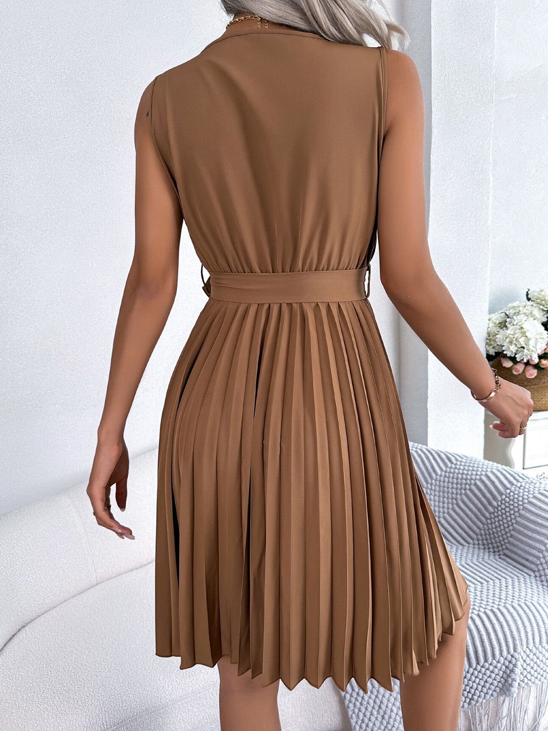 Brown Pleated A-Line Midi Dress