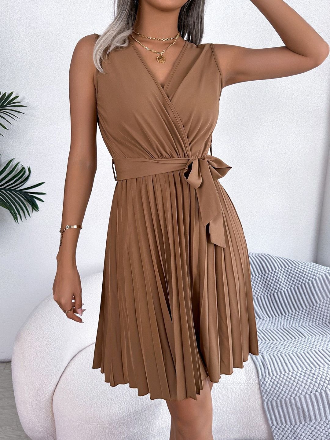 Brown Pleated A-Line Midi Dress