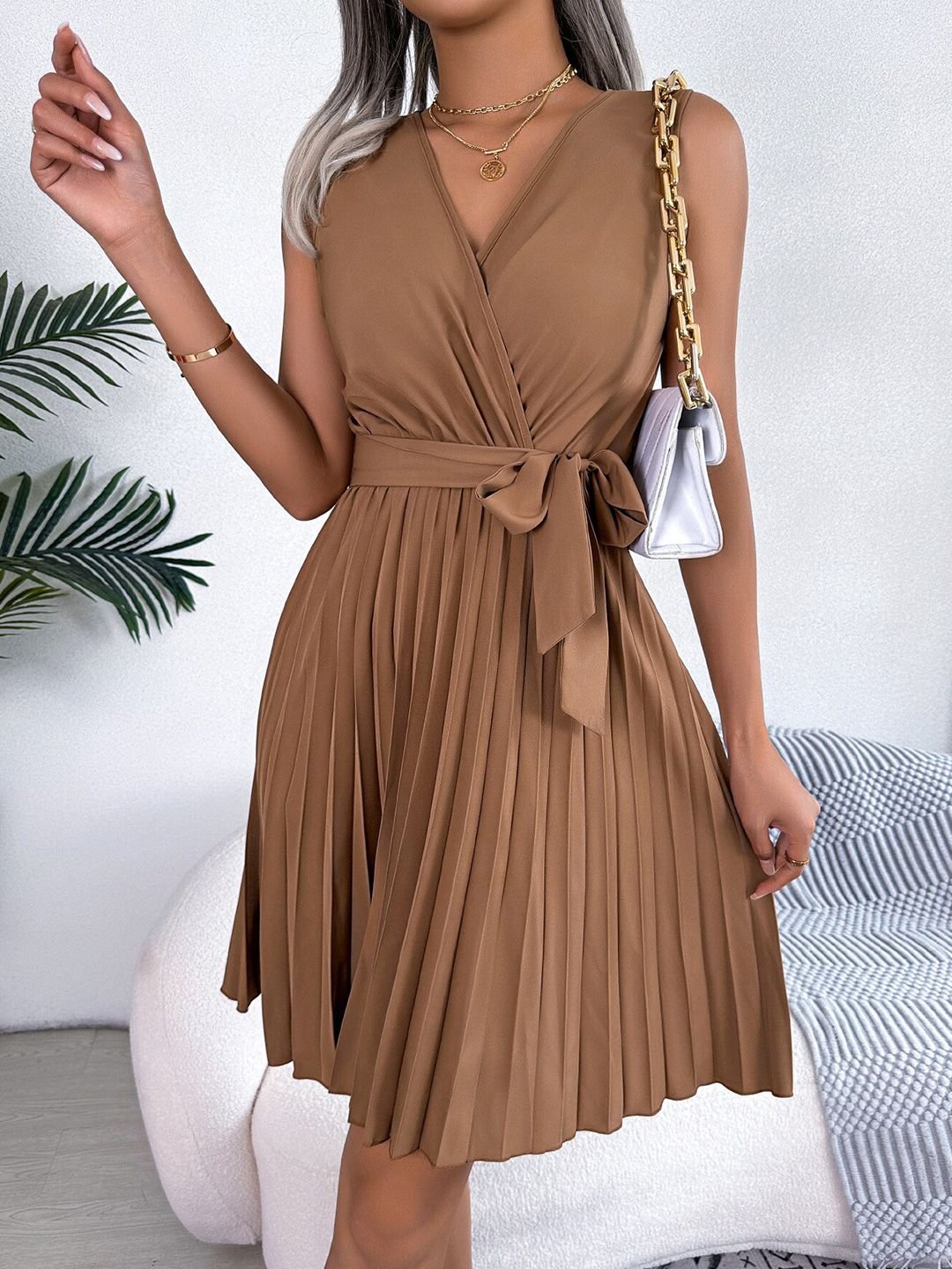 Brown Pleated A-Line Midi Dress