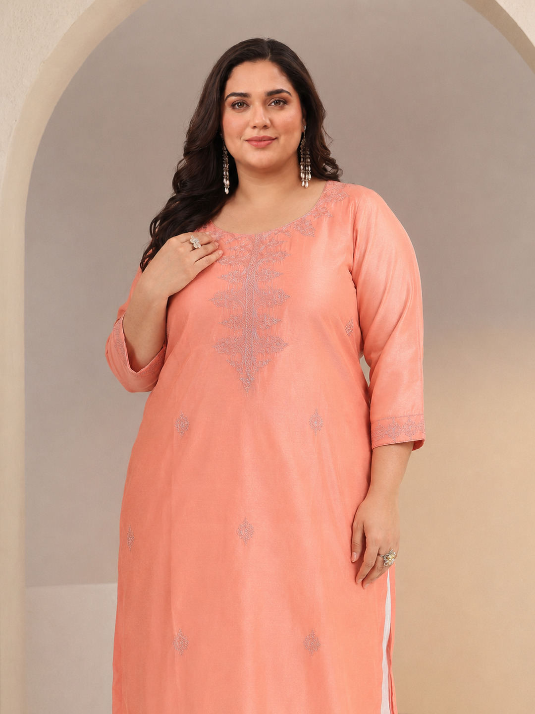 Pluse Size Peach Embroidered Kurta