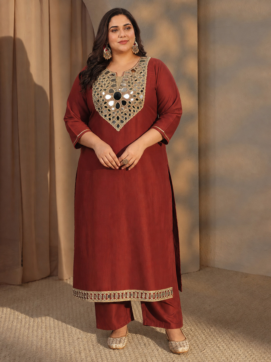 Plus Rust Embroidered Notch Neck Kurta and Straight Palazzo Set