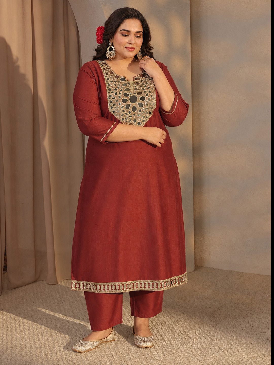 Plus Rust Embroidered Notch Neck Kurta and Straight Palazzo Set