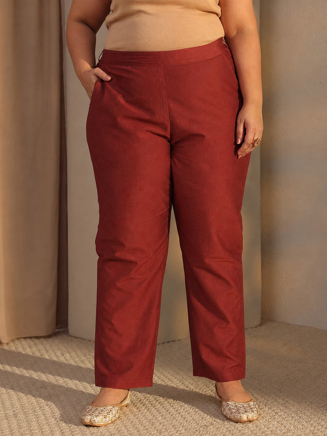 Plus Rust Embroidered Notch Neck Kurta and Straight Palazzo Set