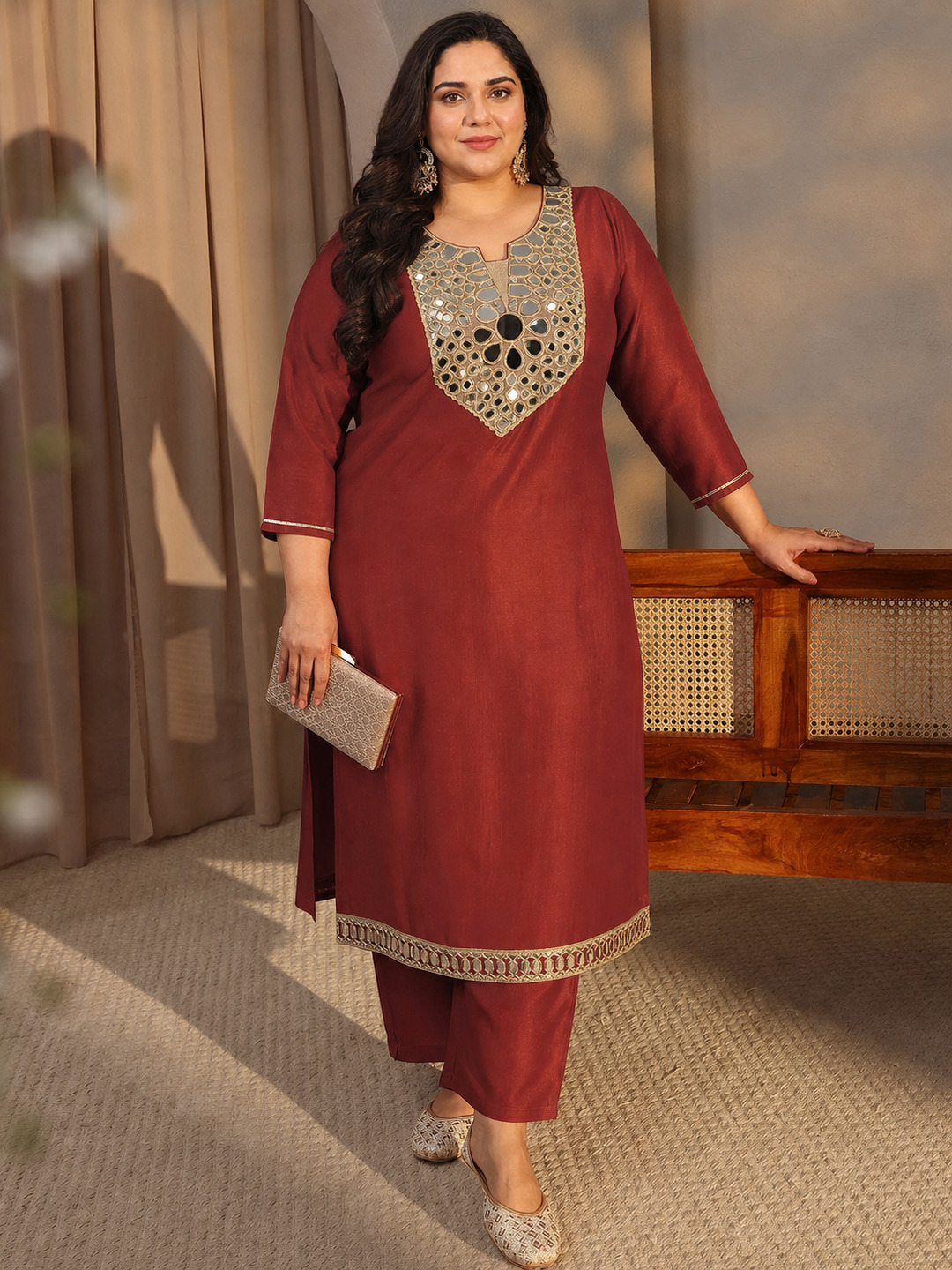 Plus Rust Embroidered Notch Neck Kurta and Straight Palazzo Set