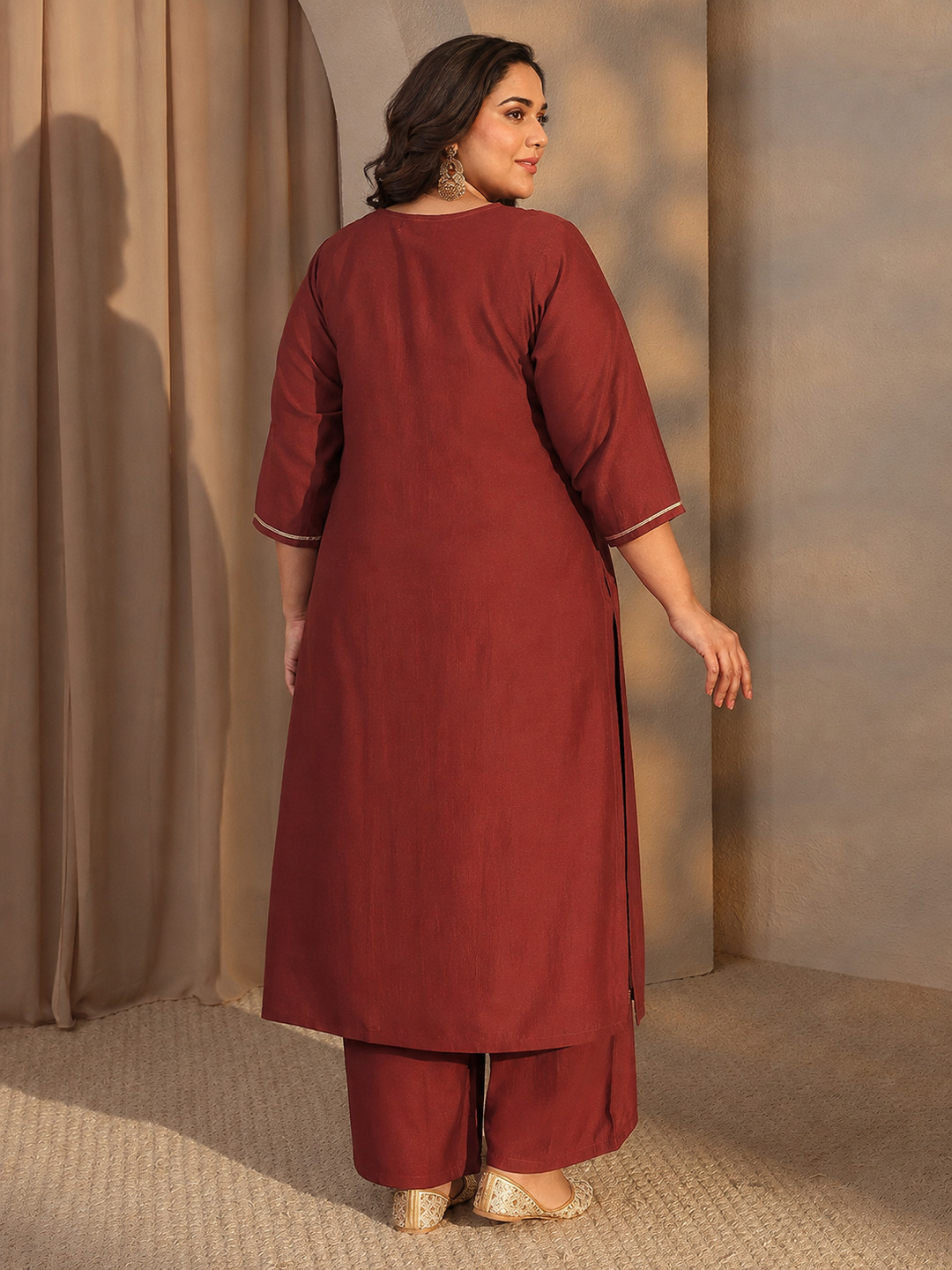 Plus Rust Embroidered Notch Neck Kurta and Straight Palazzo Set