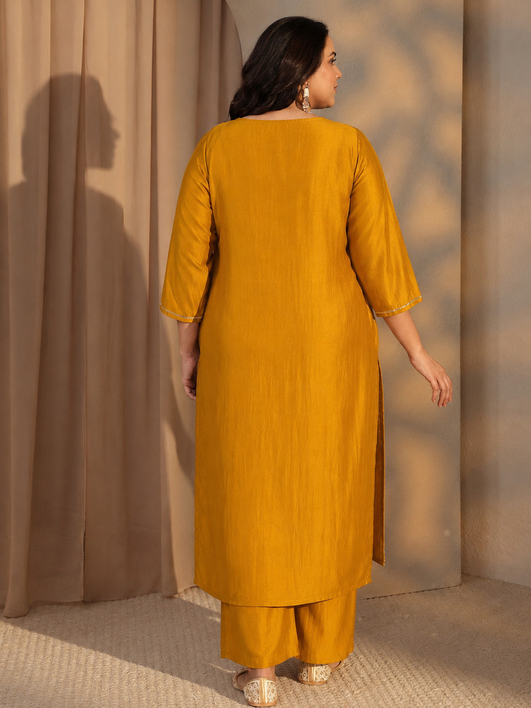 Plus Size Mustard V-Neck Kurta Set with Mirror Work