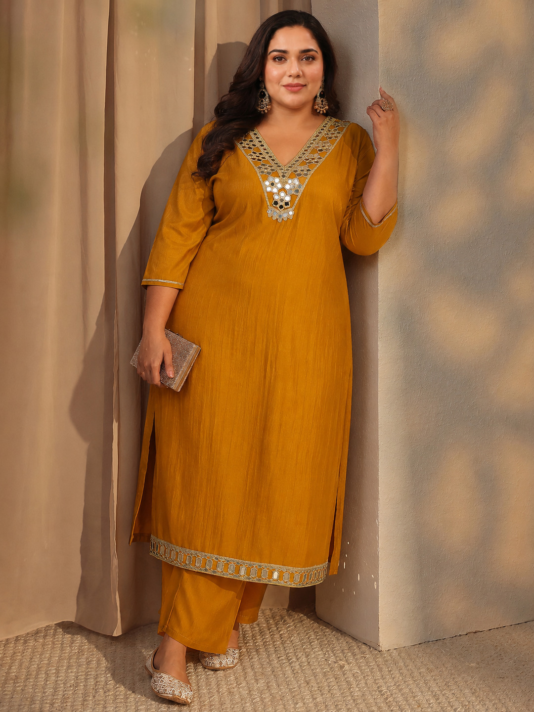 Plus Size Mustard V-Neck Kurta Set with Mirror Work