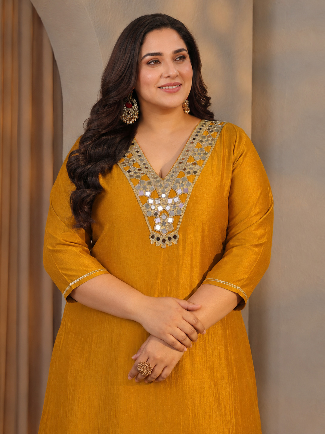 Plus Size Mustard V-Neck Kurta Set with Mirror Work