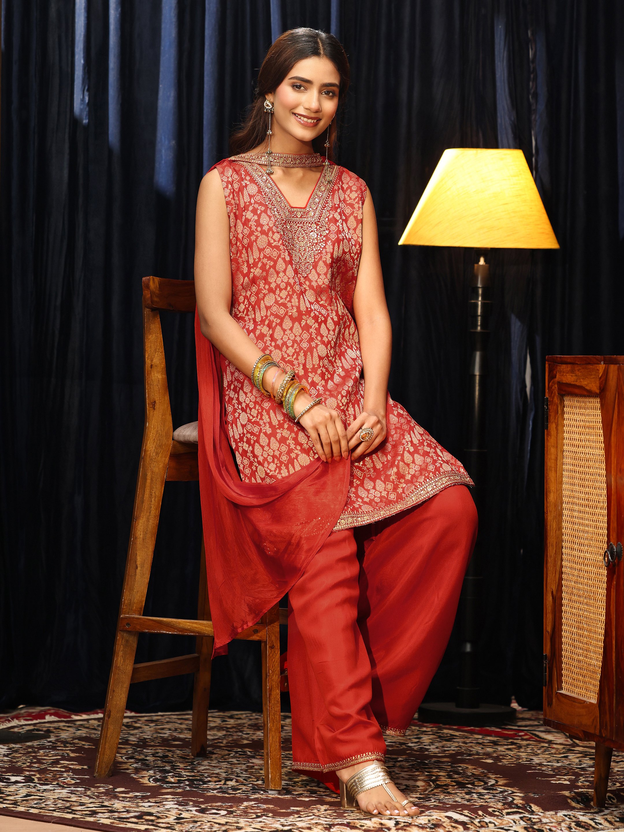 Orange Embroidered Sleeveless Kurta Set with Dupatta