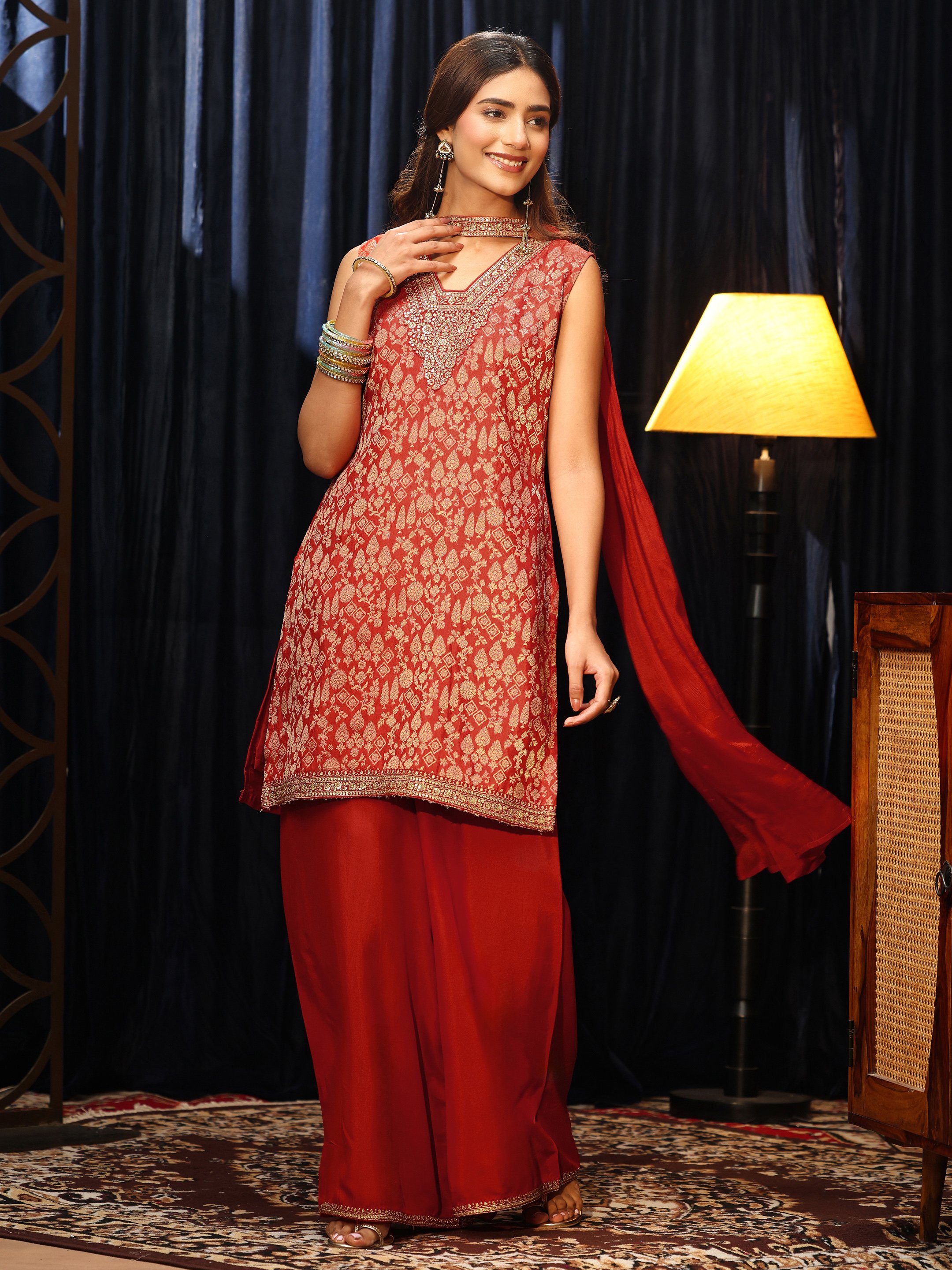 Orange Embroidered Sleeveless Kurta Set with Dupatta