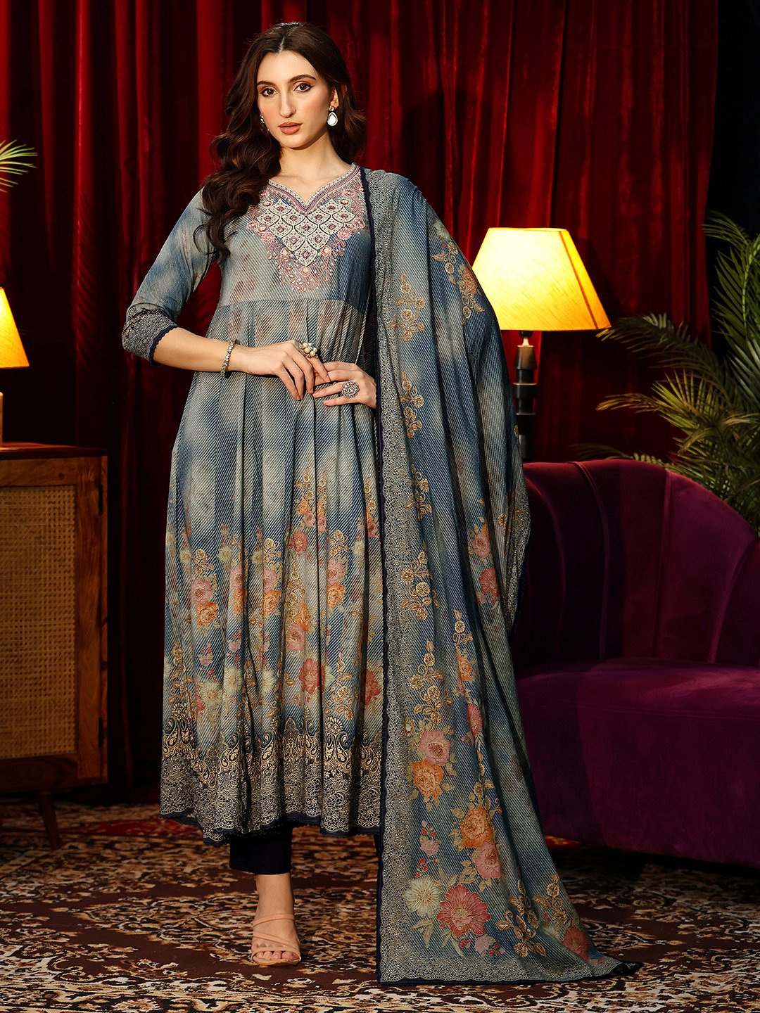 Blue Printed Anarkali Kurta Set with Dupatta