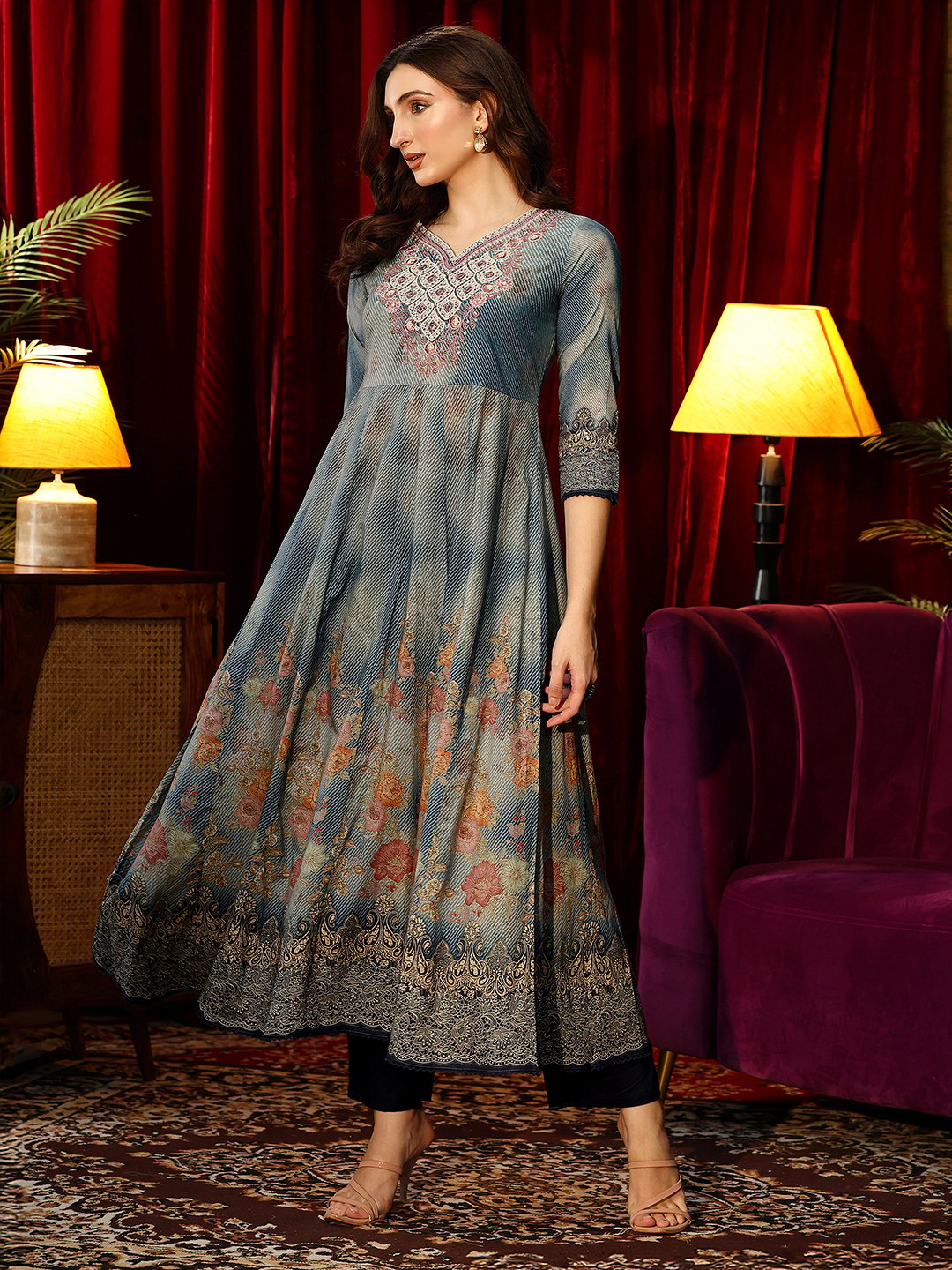 Blue Printed Anarkali Kurta Set with Dupatta