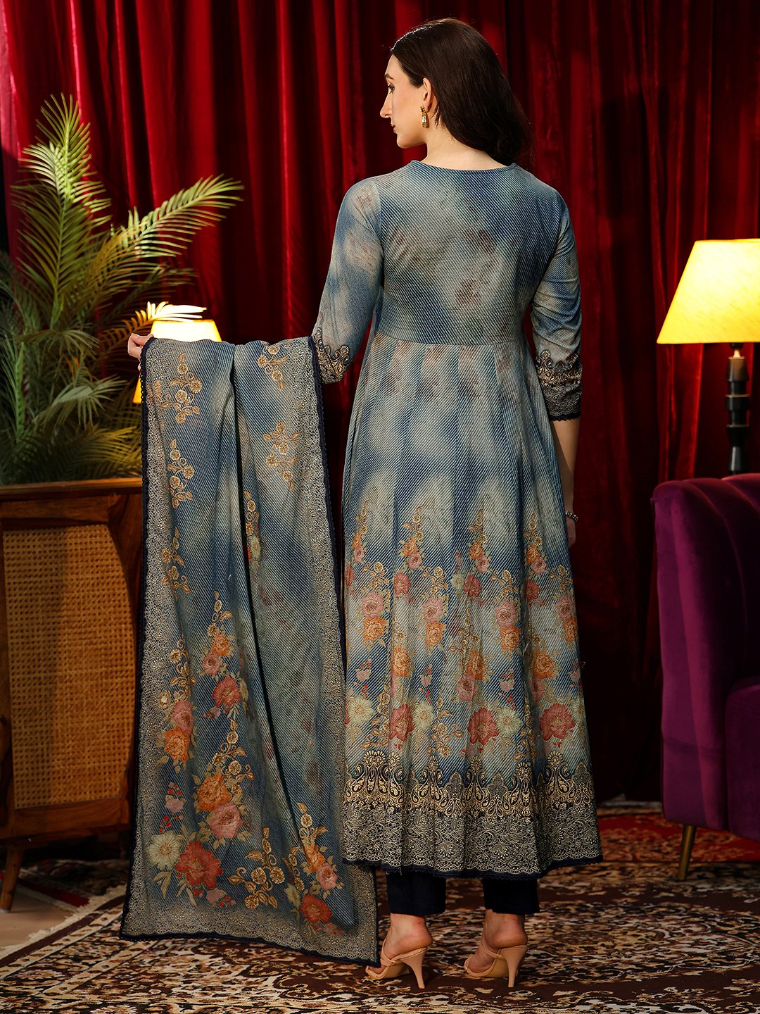 Blue Printed Anarkali Kurta Set with Dupatta