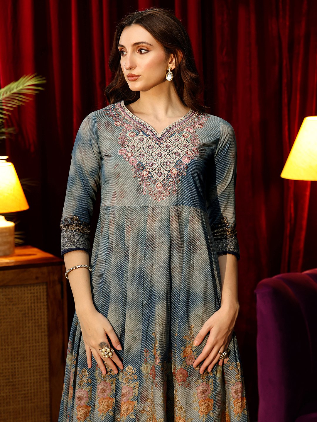 Blue Printed Anarkali Kurta Set with Dupatta