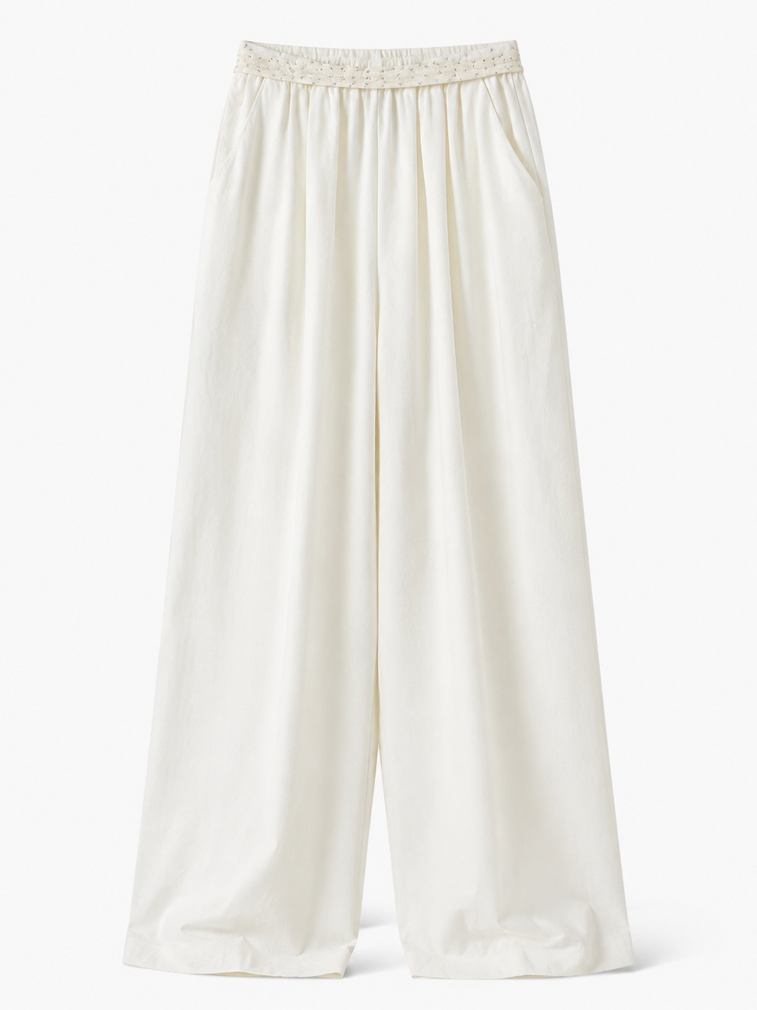 White Solid High-Waisted Wide-Leg Pants