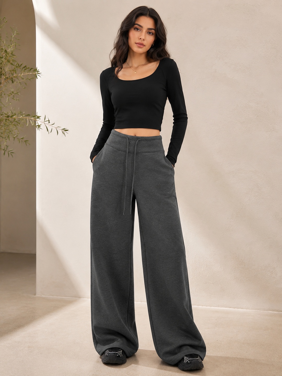 Women's Charcoal Gray Drawstring Wide-Leg Sweatpants