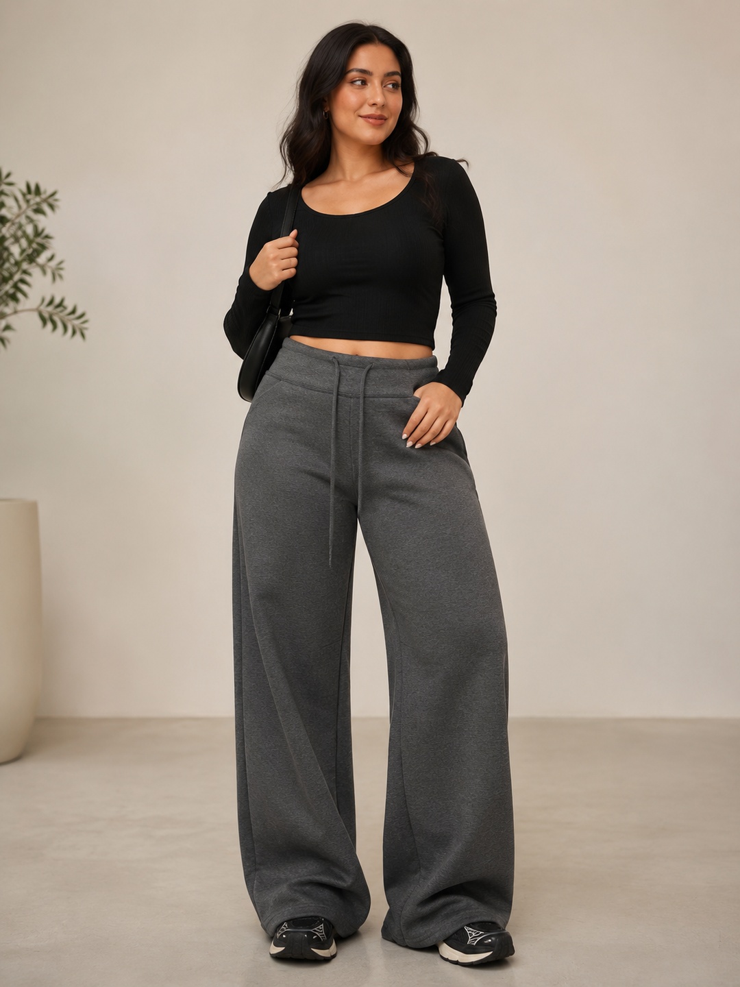 Women's Charcoal Gray Drawstring Wide-Leg Sweatpants