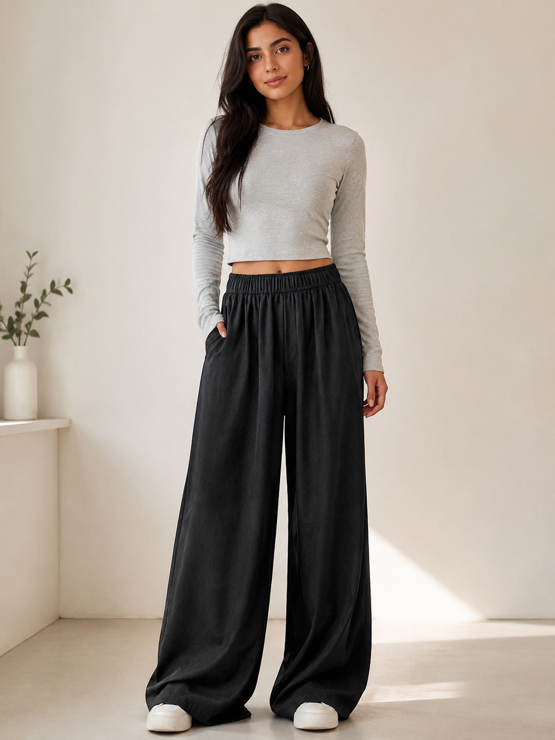 Black Wide Leg Palazzo Pants with Elastic Waist