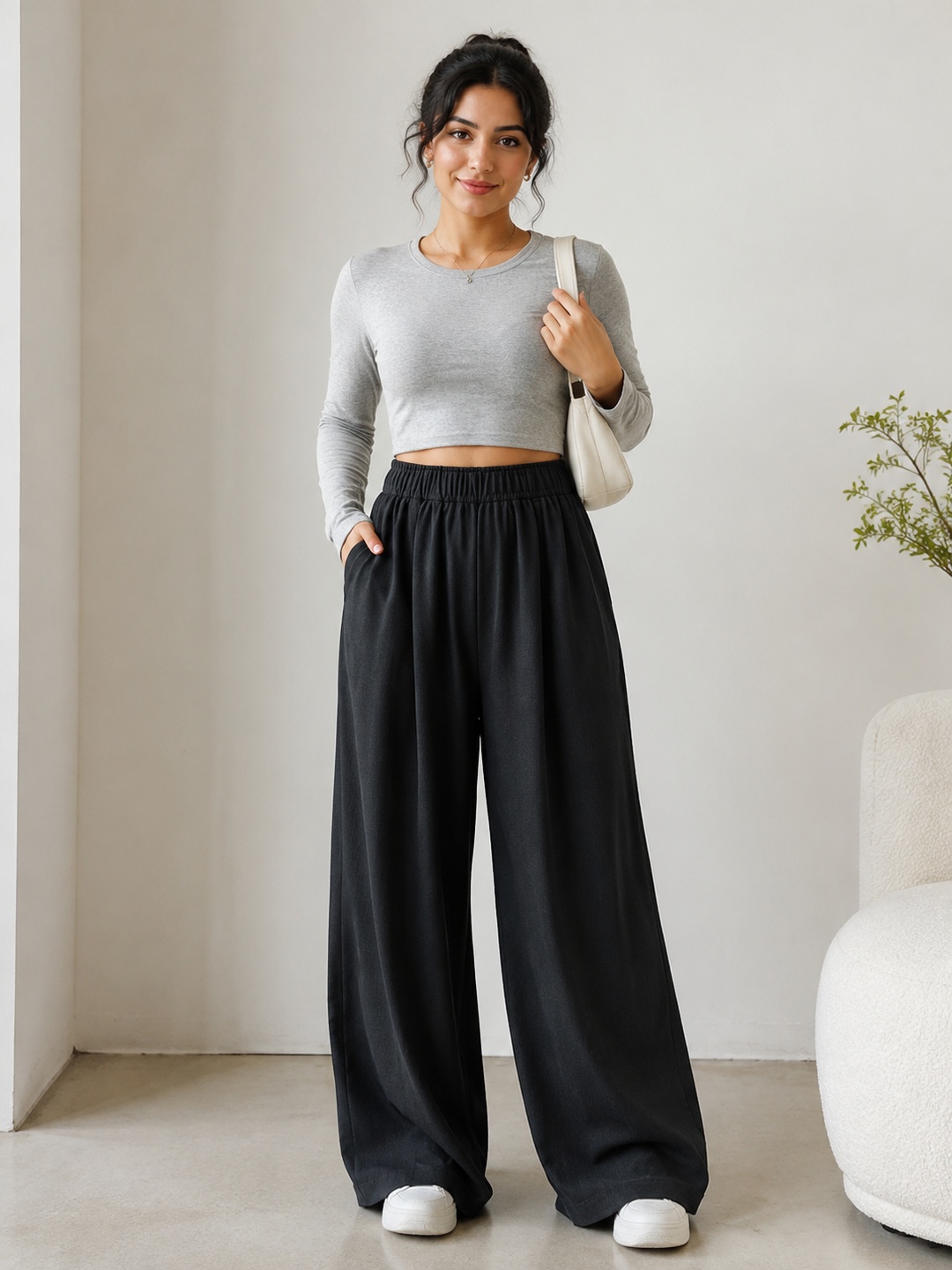Black Wide Leg Palazzo Pants with Elastic Waist