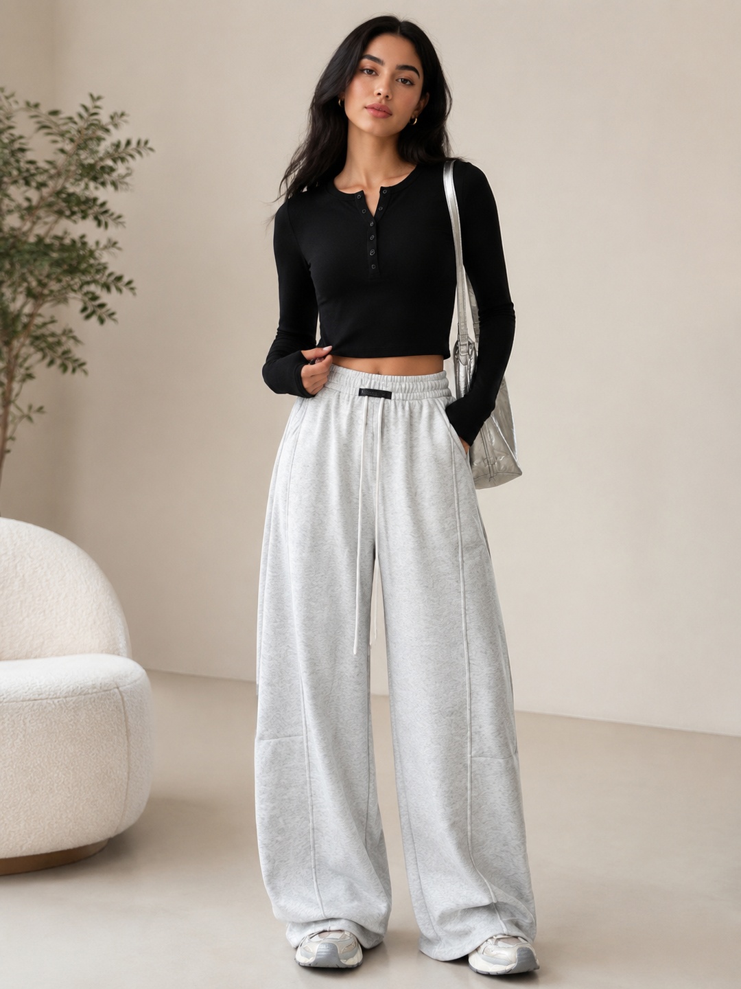 Light Grey Wide-Leg Drawstring Sweatpants