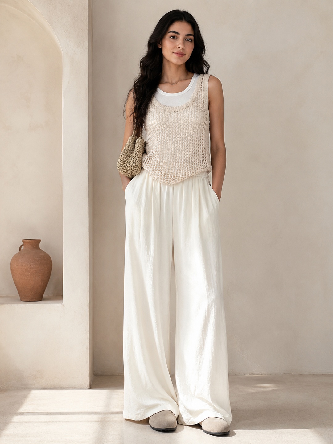 Off-White Solid Pocket Details Loose Wide-Leg Pants
