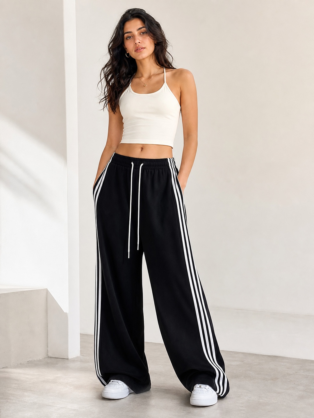 Black Side Striped Wide-Leg Athletic Pants
