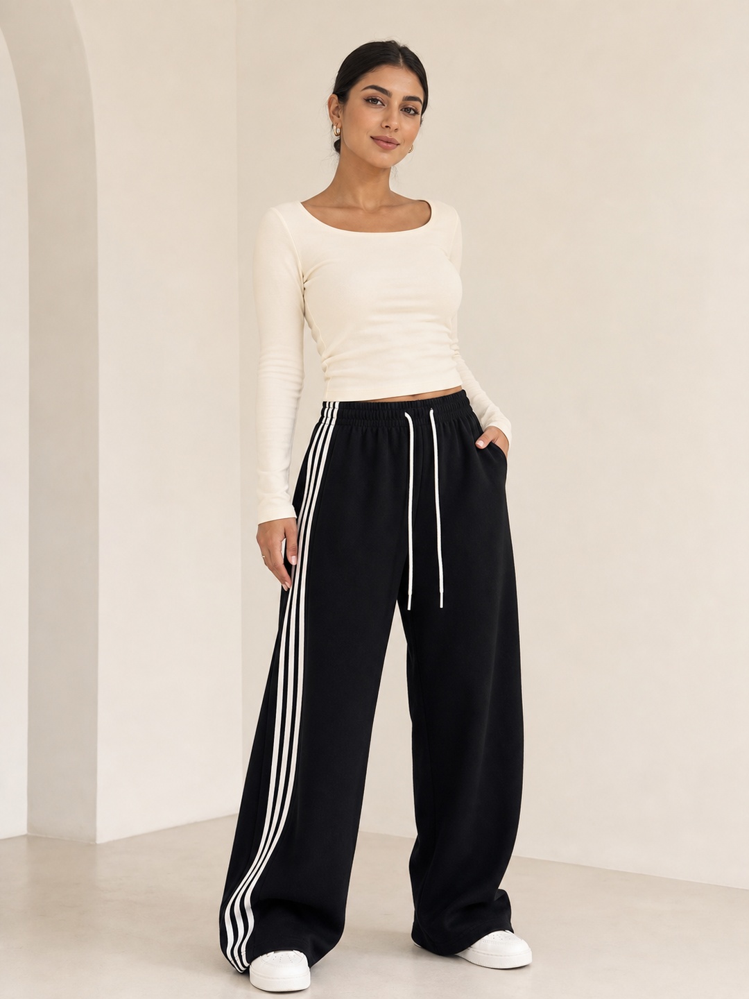 Black Side Striped Wide-Leg Athletic Pants