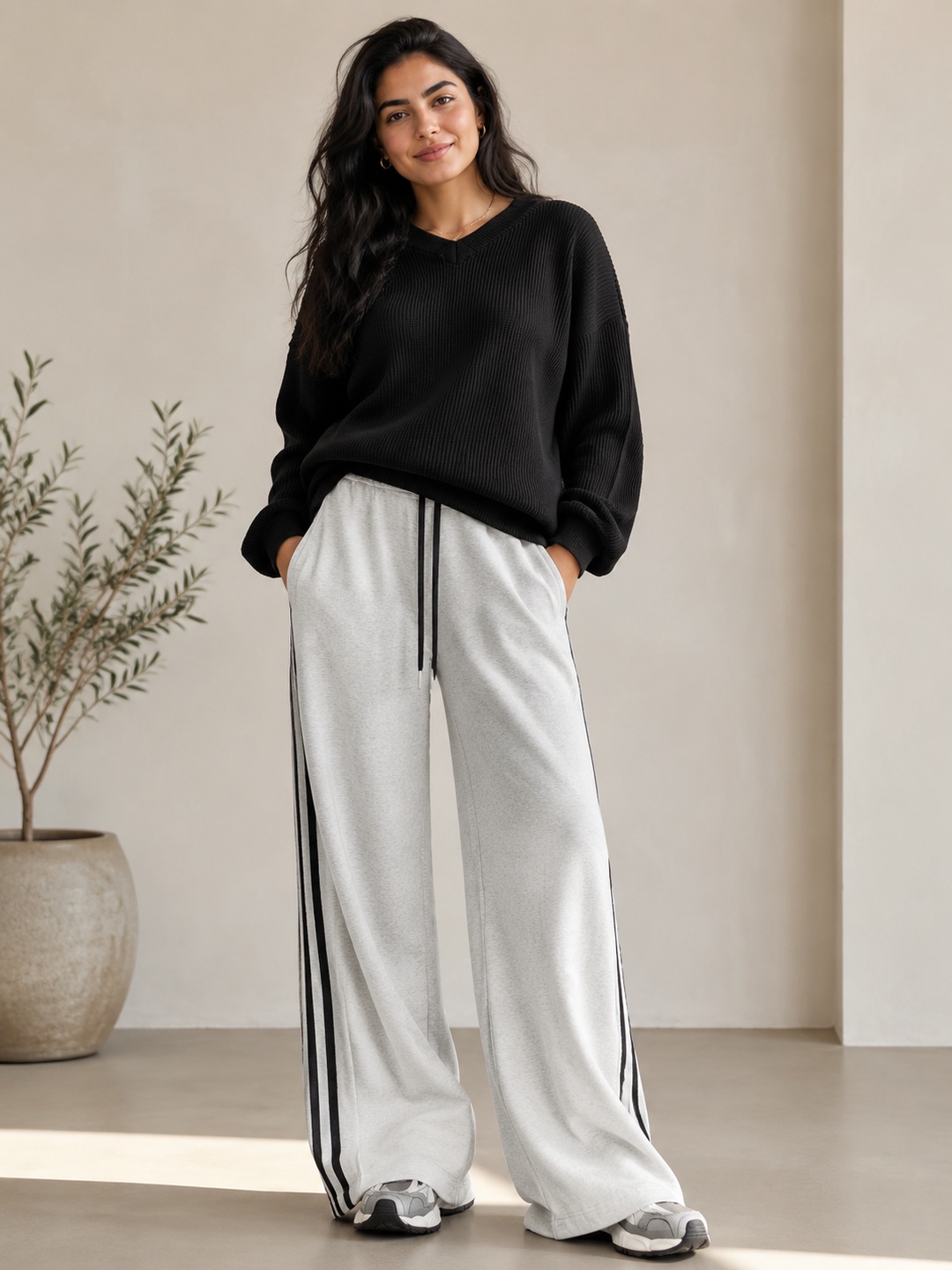 Grey Side Striped Wide-Leg Drawstring Sweatpants