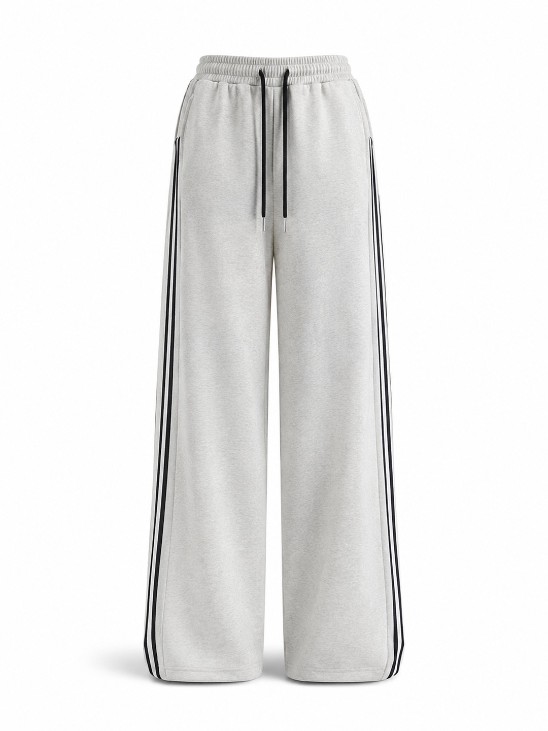 Grey Side Striped Wide-Leg Drawstring Sweatpants