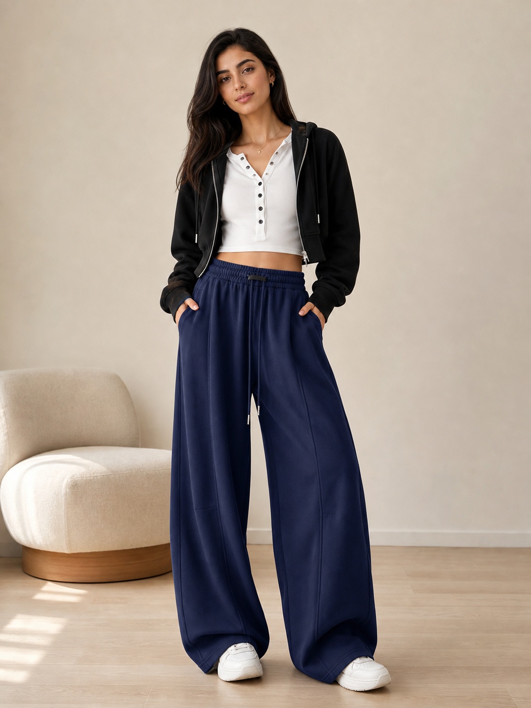 Navy Drawstring Wide-Leg Jogger Pants with Pockets