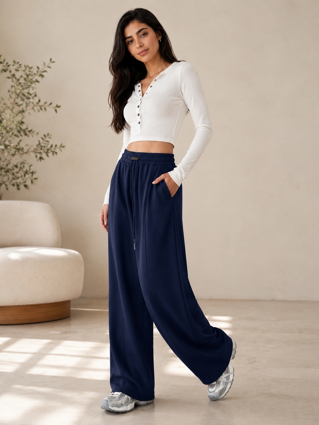 Navy Drawstring Wide-Leg Jogger Pants with Pockets
