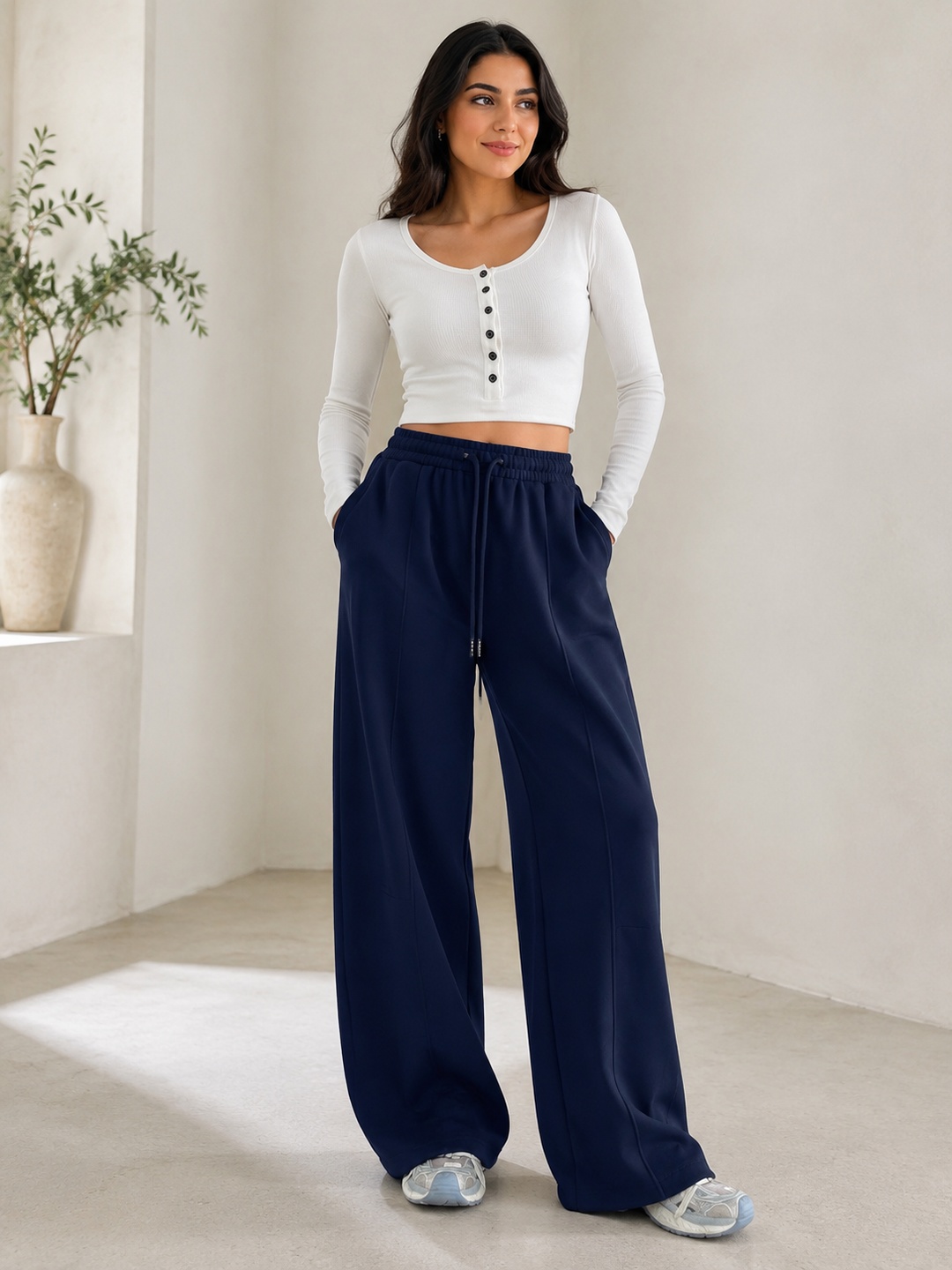 Navy Drawstring Wide-Leg Jogger Pants with Pockets